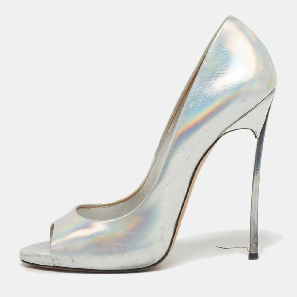 Casadei Silver Leather Peep Toe Pumps Size 39